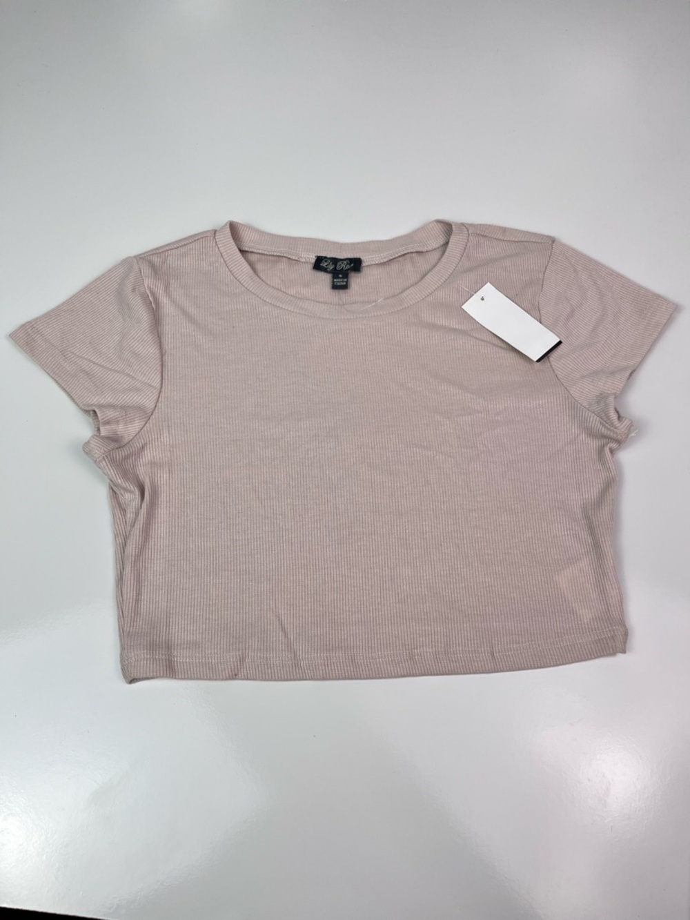 Lily Rose Nude Tan Blush Short Sleeved Ribbed Crop Top Sz small NWT